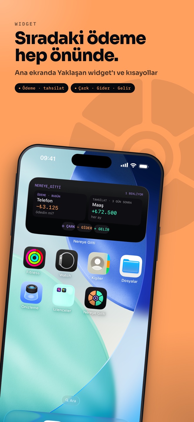 Ana ekranda orta boy Yaklaşan widget'ı: bugün ödenecek Telefon, 3 gün sonra gelecek Maaş ve Çark, Gider, Gelir kısayolları